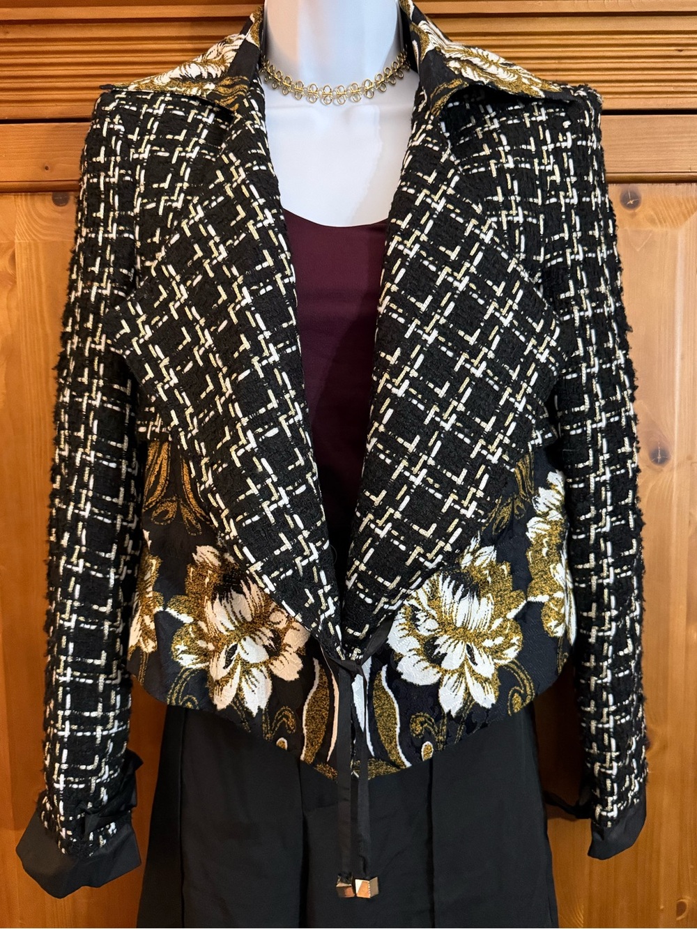 Alberto Makali Black and Gold Tweed Floral Cropped Blazer